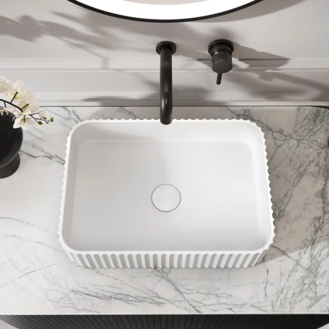 Missouri Matt White Fluted Rectangular Counter Top Stone Basin 450x320mm