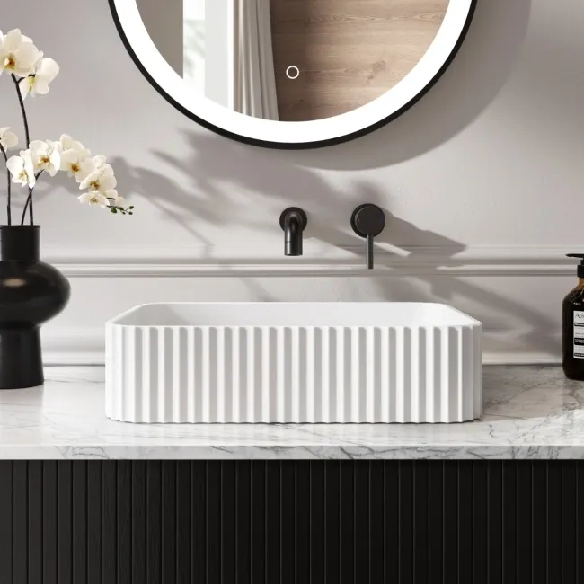 Missouri Matt White Fluted Rectangular Counter Top Stone Basin 450x320mm
