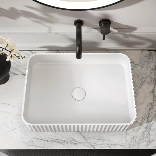 Missouri Matt White Fluted Rectangular Counter Top Stone Basin 500x360mm