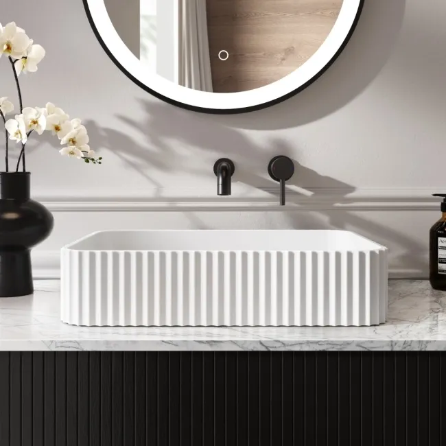 Missouri Matt White Fluted Rectangular Counter Top Stone Basin 500x360mm
