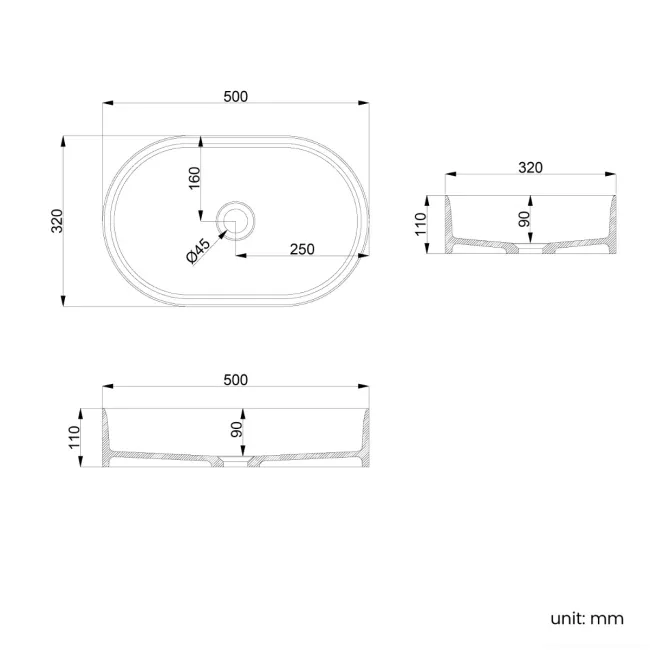 Missouri Matt White Pill Counter Top Stone Basin 500x320mm
