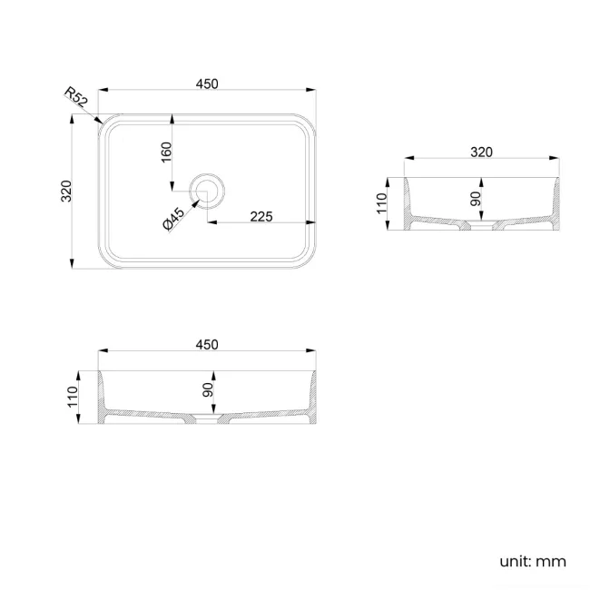 Missouri Matt White Rectangular Counter Top Stone Basin 450x320mm