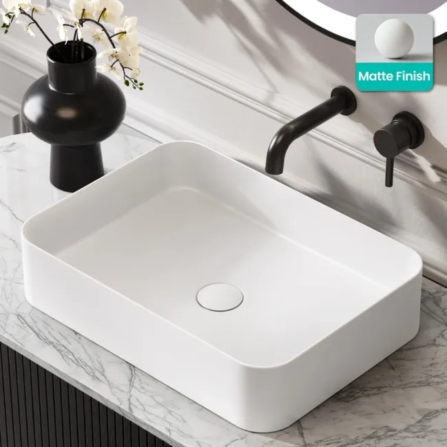 Missouri Matt White Rectangular Counter Top Stone Basin 500x360mm