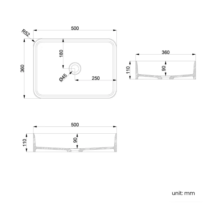 Missouri Matt White Rectangular Counter Top Stone Basin 500x360mm