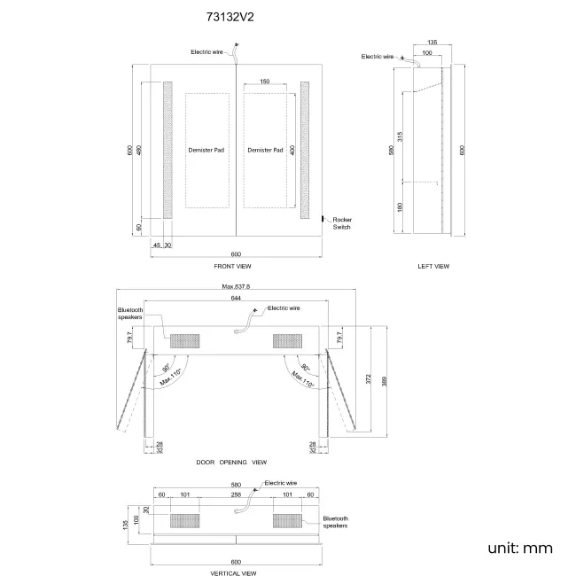 Emielia Illuminated LED Mirror Cabinet With BLUETOOTH Speaker 600x600mm