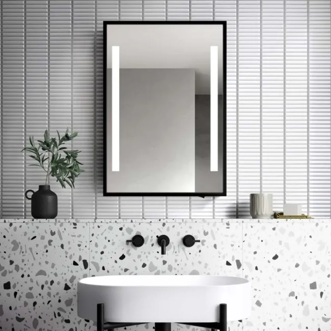 Mia Battery Powered Black Framed Illuminated LED Mirror Cabinet 710x500mm