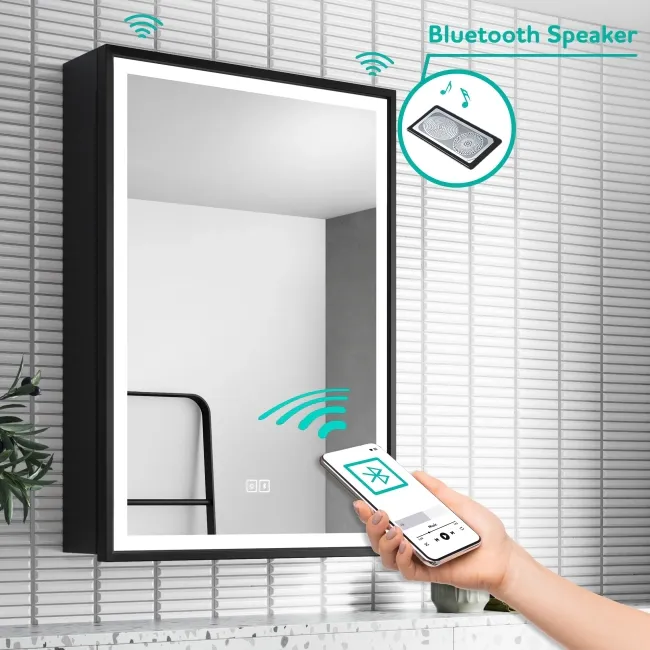 Mia Black Framed Illuminated LED Mirror Cabinet With BLUETOOTH Speaker 710x500mm