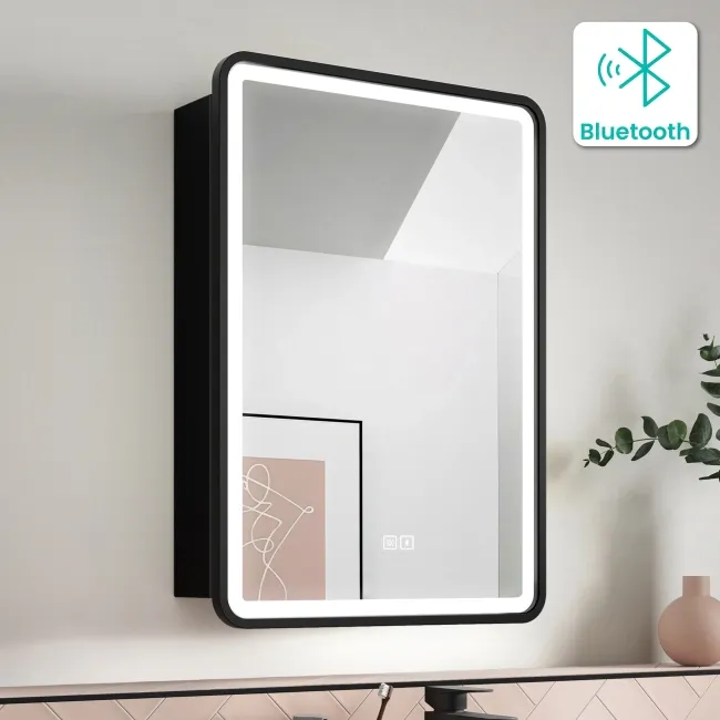 Olivia Black Framed Illuminated LED Mirror Cabinet With BLUETOOTH Speaker 710x500mm