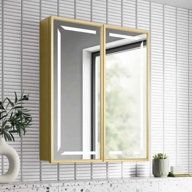 Mia Matt Brass Illuminated LED Mirror Cabinet 710x600mm