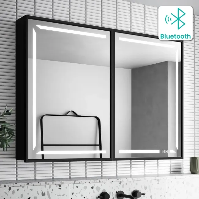 Mia Black Framed Illuminated LED Mirror Cabinet With BLUETOOTH Speaker & USB Port 710x1000mm