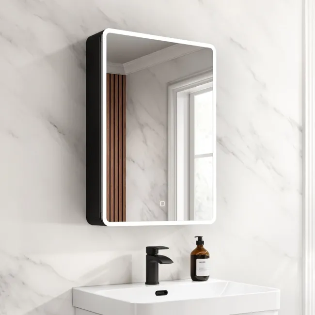 Aurora Matt Black Illuminated LED Mirror Cabinet 700x500mm