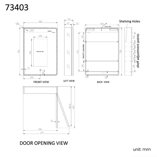 Aurora Matt Black Illuminated LED Mirror Cabinet 700x500mm