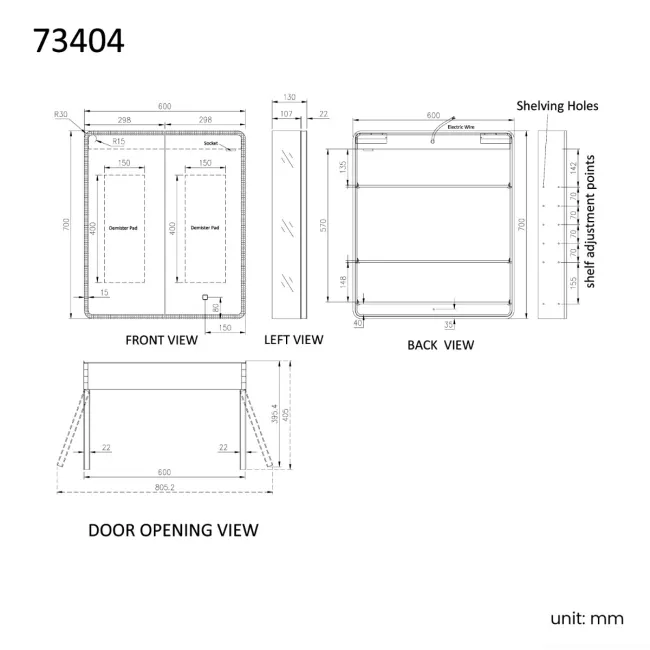 Aurora Matt Black Illuminated LED Mirror Cabinet 700x600mm