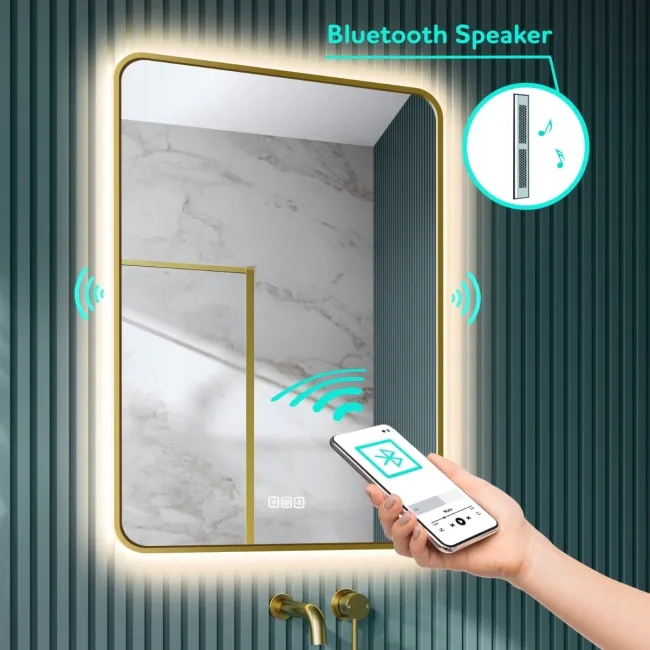Mila Brushed Brass Backlit Illuminated LED Mirror With BLUETOOTH Speaker 800x600mm