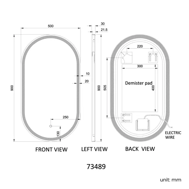 Ada Pill Black Framed Illuminated LED Mirror 900x500mm