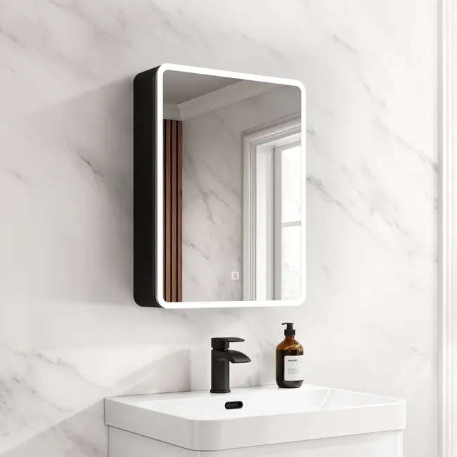 Aurora Matt Black Illuminated LED Mirror Cabinet 600x450mm