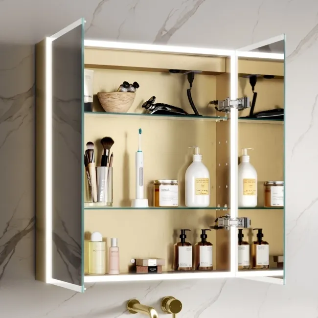 Margot Brushed Brass Illuminated LED Mirror Cabinet With BLUETOOTH Speaker & USB Port 700x600mm