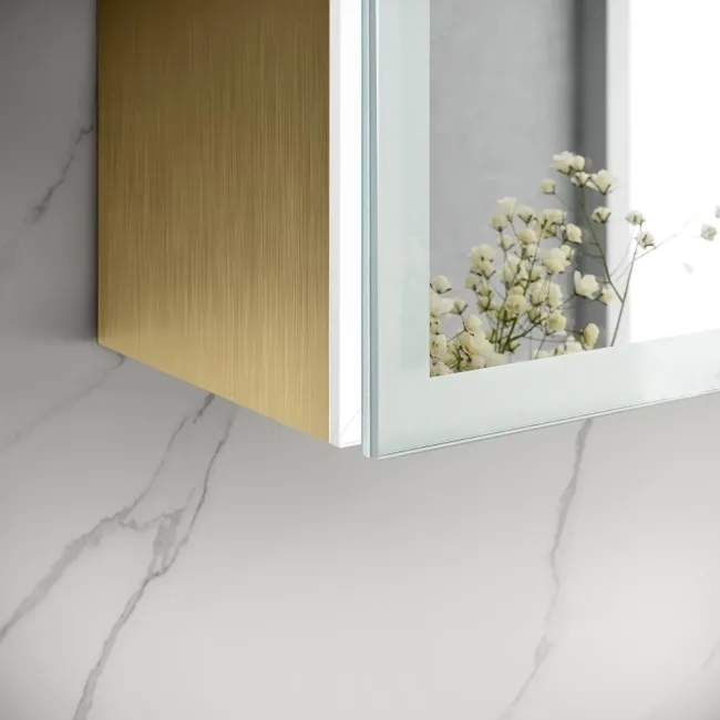 Margot Brushed Brass Illuminated LED Mirror Cabinet With BLUETOOTH Speaker & USB Port 700x600mm