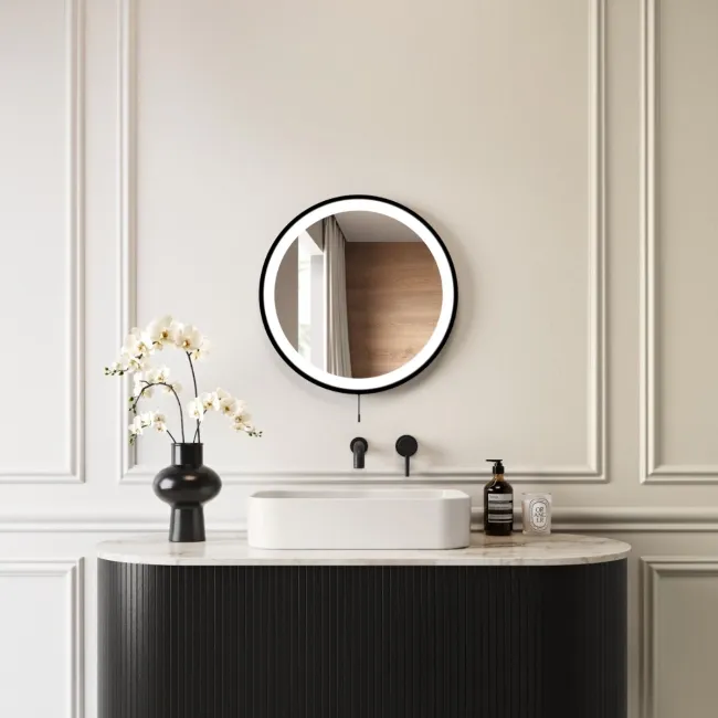 Delilah Battery Powered Black Framed Round Illuminated LED Mirror 500mm