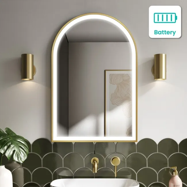 Maya Battery Powered Brushed Brass Arched LED Mirror 750x500mm
