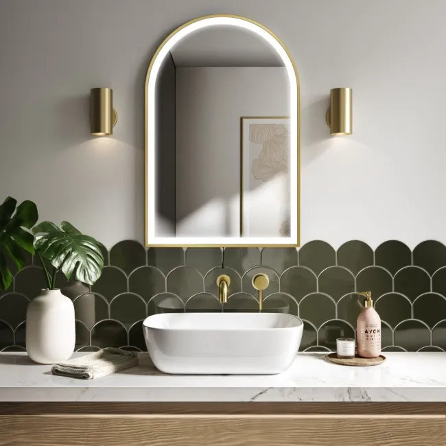 Maya Battery Powered Brushed Brass Arched LED Mirror 750x500mm