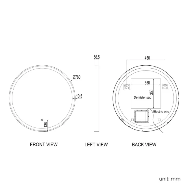 Libby Matt Black Round Illuminated LED Mirror 780mm