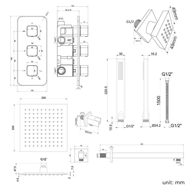 Galway Premium Chrome Square Thermostatic Set - 200mm Head, Hand Shower & Body Jets