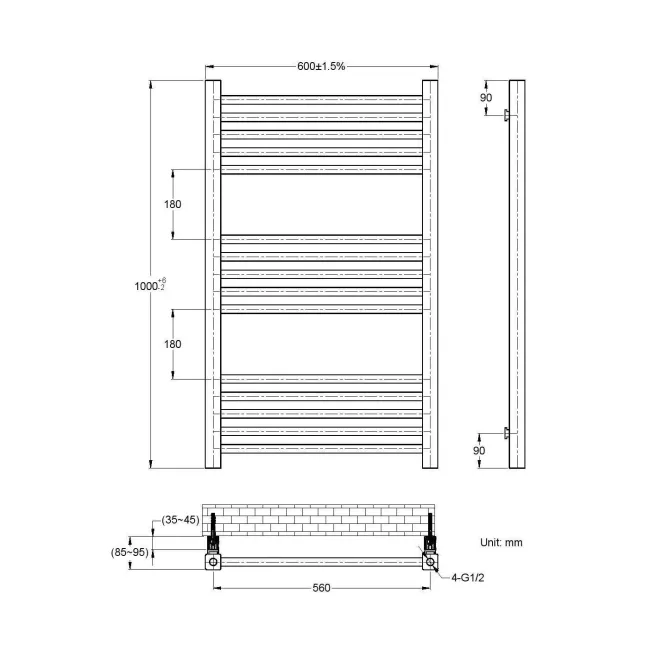 Valetta Electric Matt Black Square Heated Towel Rail 1000x600mm
