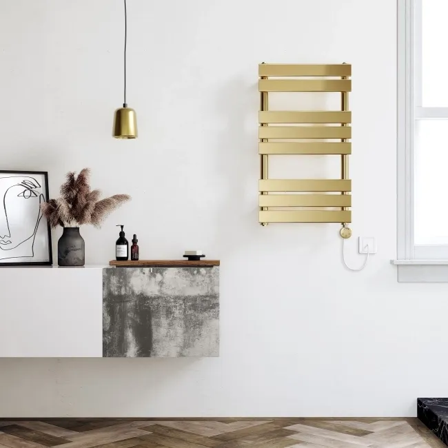 Santorini Electric Brushed Brass Flat Panel Heated Towel Rail 800x450mm