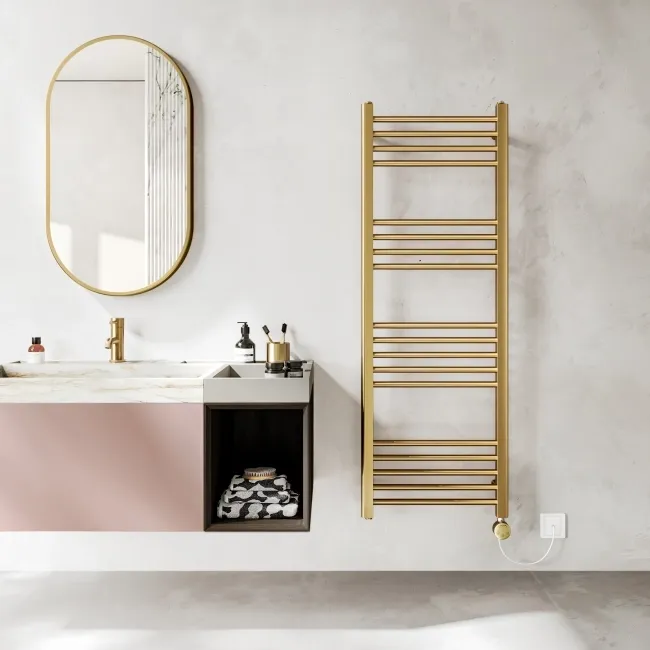 Barcelona Electric Brushed Brass Straight Heated Towel Rail 1400x500mm