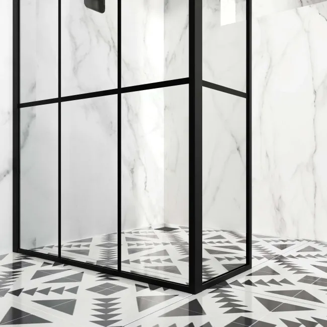 Munich Matt Black Grid 8mm Wet Room Shower Glass 700mm & 250mm Return Panel