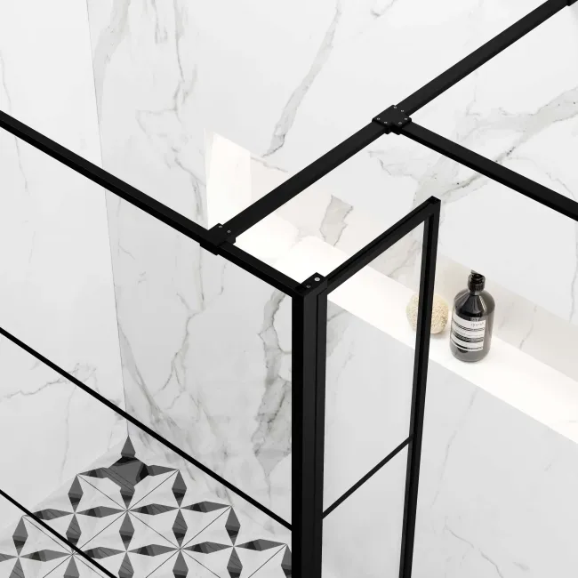 Munich Matt Black Grid 8mm Walk In Shower Enclosure 1000mm & 900mm Glass with Pivotal Return Panel