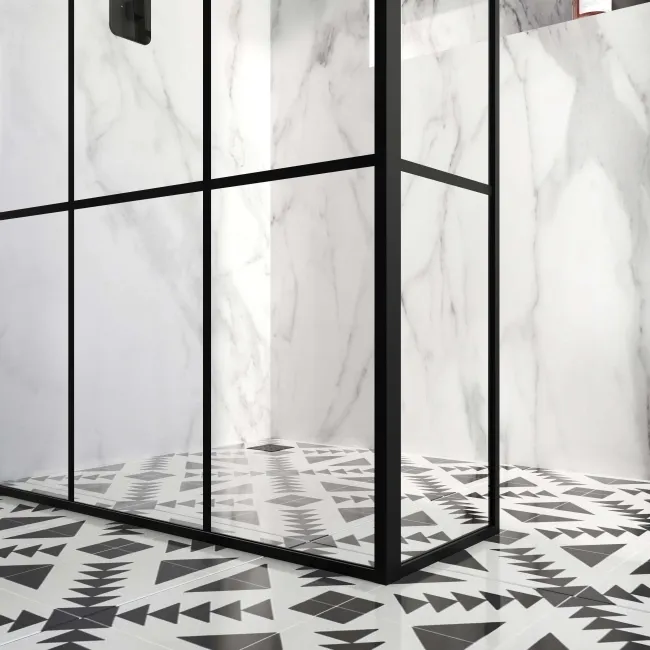 Munich Matt Black Grid 8mm Wet Room Shower Glass 1100mm & 250mm Return Panel
