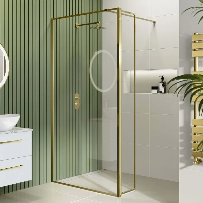 Munich Brushed Brass Framed 8mm Wet Room Shower Glass 900mm & 250mm Pivotal Return Panel