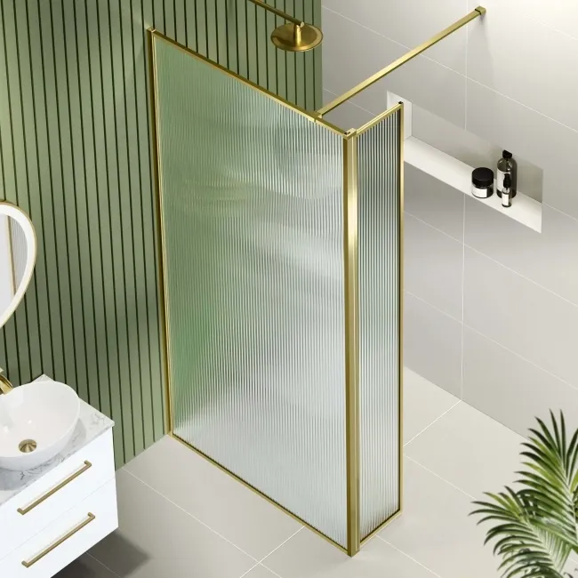 Munich Fluted Effect Brushed Brass 8mm Wet Room Shower Glass 1000mm & 250mm Pivotal Return Panel