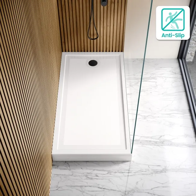 Doha Rectangular Gloss White Anti-Slip Stone Shower Tray 1500x700mm & Riser Kit