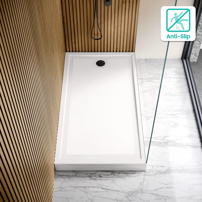 Doha Rectangular Gloss White Anti-Slip Stone Shower Tray 1700x700mm & Riser Kit