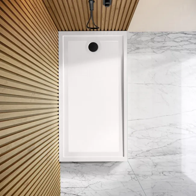 Doha Rectangular Gloss White Anti-Slip Stone Shower Tray 1500x800mm & Riser Kit