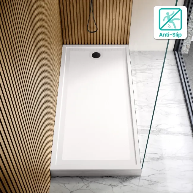 Doha Rectangular Gloss White Anti-Slip Stone Shower Tray 1800x900mm & Riser Kit