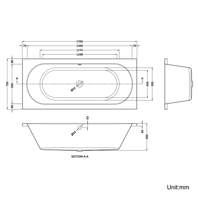 York 1700x750 Round Double Ended Bath
