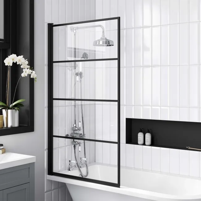 Abingdon 1700 Roll Top Shower Bath - Black Ball Feet & 6mm Easy Clean Matt Black Grid Screen