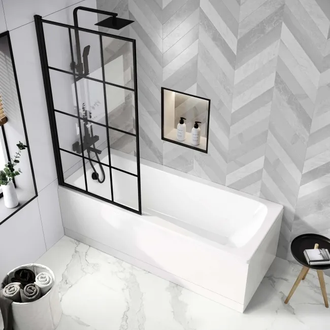 Hereford Square Shower Bath 1700x700 & 6mm Easy Clean Matt Black Grid Bath Screen