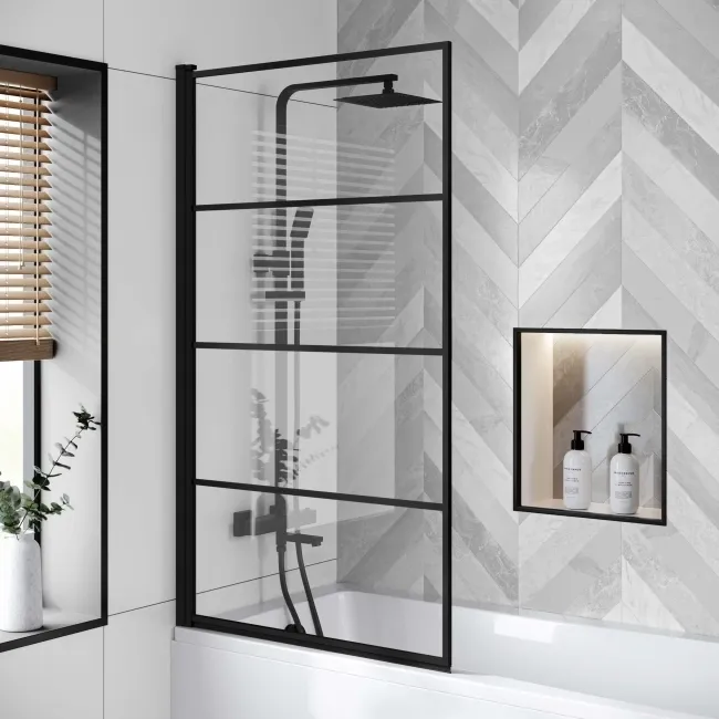 Hereford 1600x700 Square Shower Bath & 6mm Easy Clean Matt Black Grid Bath Screen