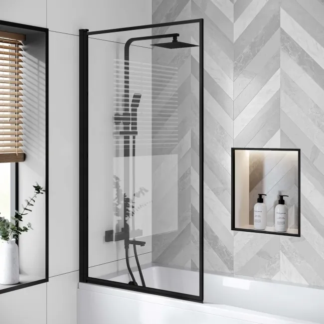 Hereford 1600x700 Square Shower Bath & 6mm Easy Clean Matt Black Framed Bath Screen