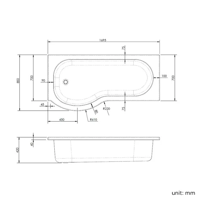 P Shaped 1700 Shower Bath with Front Panel & 4mm Screen with Rail - Left Handed