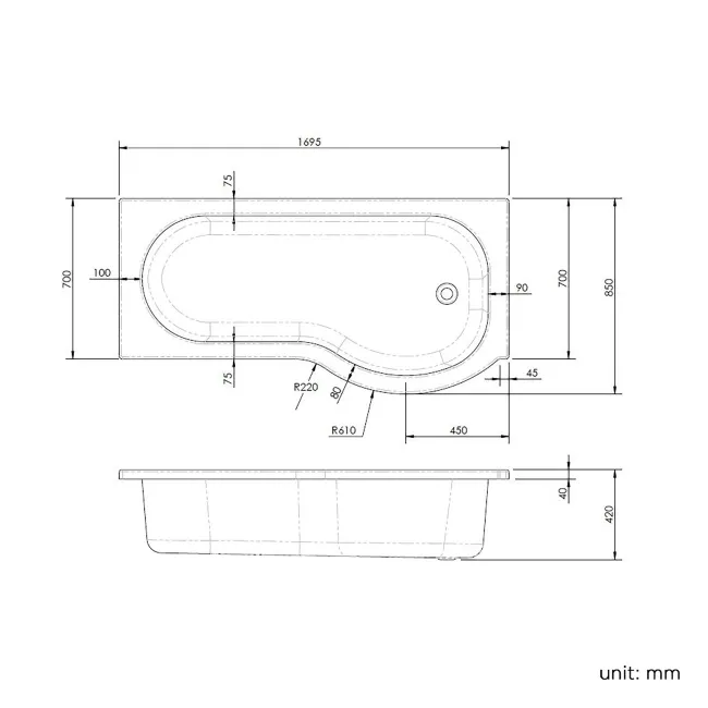 P Shaped 1700 Shower Bath with Front Panel & 6mm Easy Clean Screen with Rail - Right Handed
