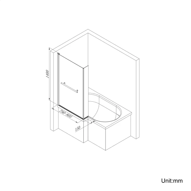 L Shaped 1500 Shower Bath with Front Panel & 4mm Fixed Screen with Rail - Right Handed