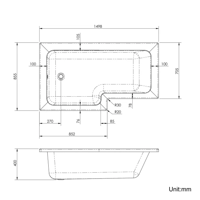 L Shaped 1500 Shower Bath with Front Panel & 6mm Easy Clean Screen with Rail - Left Handed