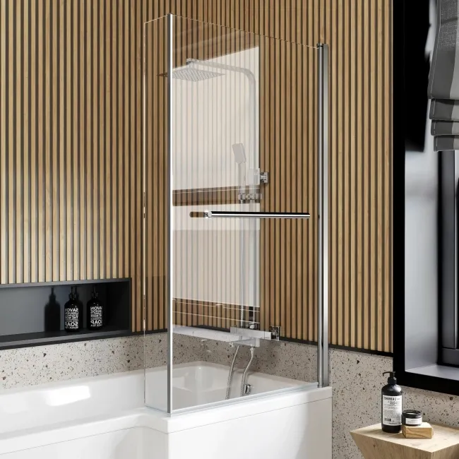 L Shaped 1600 Shower Bath with Front Panel & 6mm Easy Clean Screen with Rail - Right Handed