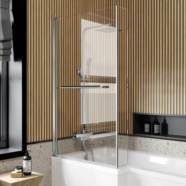 L Shaped 1700 Shower Bath with Front Panel & 6mm Easy Clean Screen with Rail - Left Handed